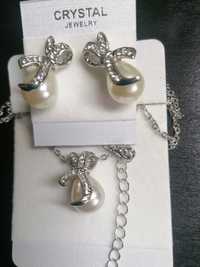 Komplet biżuterii duże perły zawieszka kolczyki łańcuszek nowe