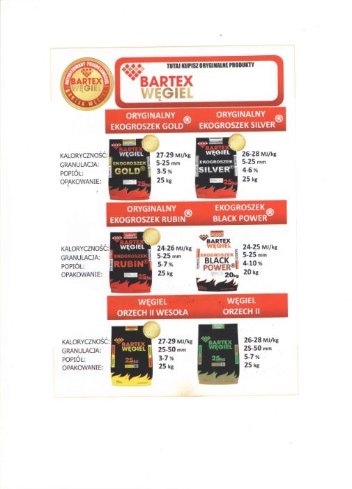 Węgiel groszek BARTEX Gold 27-29 MJ/kg worki 25kg, wysyłka