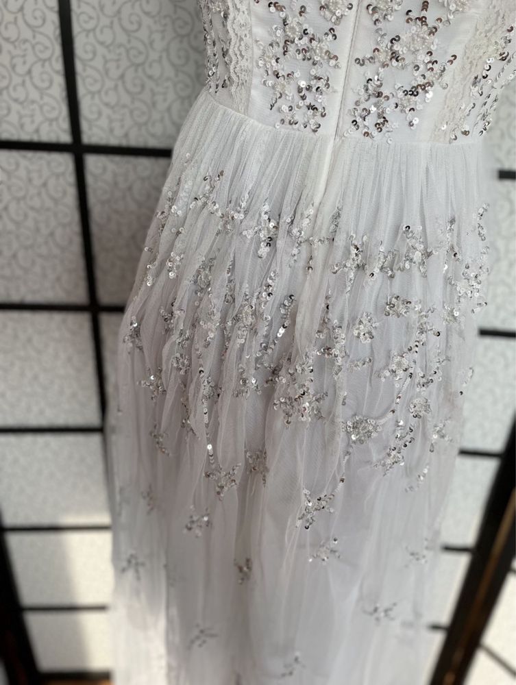 Maya deluxe cekinowa sukienka maxi tiulowa 34 xs 36 s petite