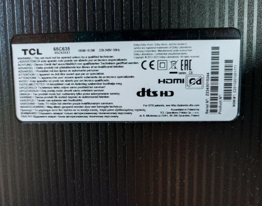 Telewizor TCL 65 udzkodzony