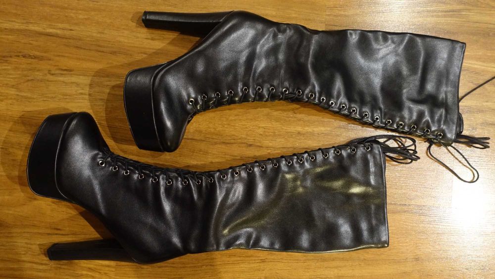 Sexi czarne platformy kozaki do kolan, szpilki, rozmiar 45