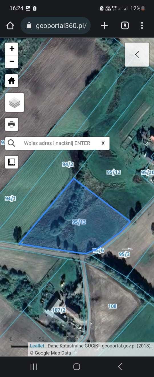 Działka rolno-budowlana 1.2 ha we Florczakach  ,5km od Kretowin