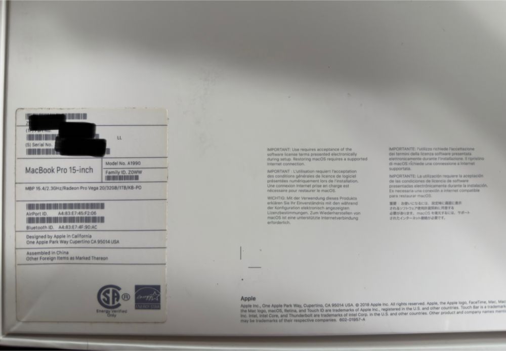 Apple Macbook 15” 1TB SSD 32GB RAM