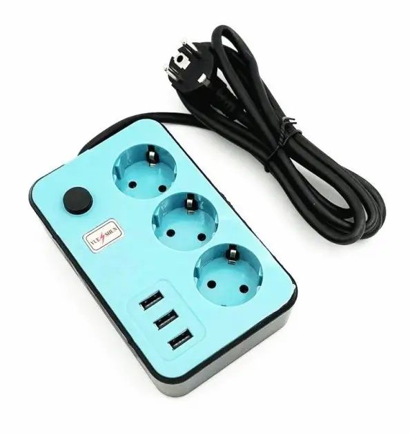 Сетевой удлинитель бирюзовый 3 розетки и 3 USB порта