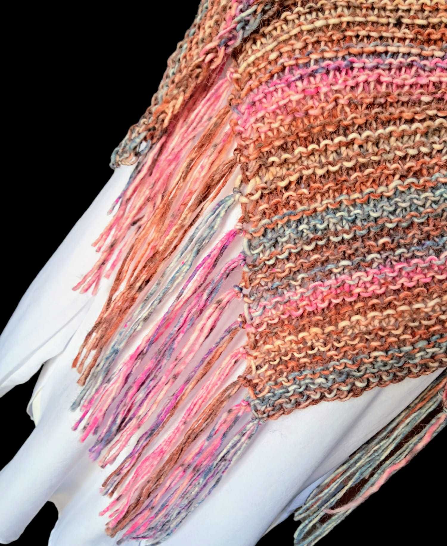 Piękna, Wełniana, Ciepła Duża CHUSTA Boho, Szal XXL Z FRĘDZLAMI