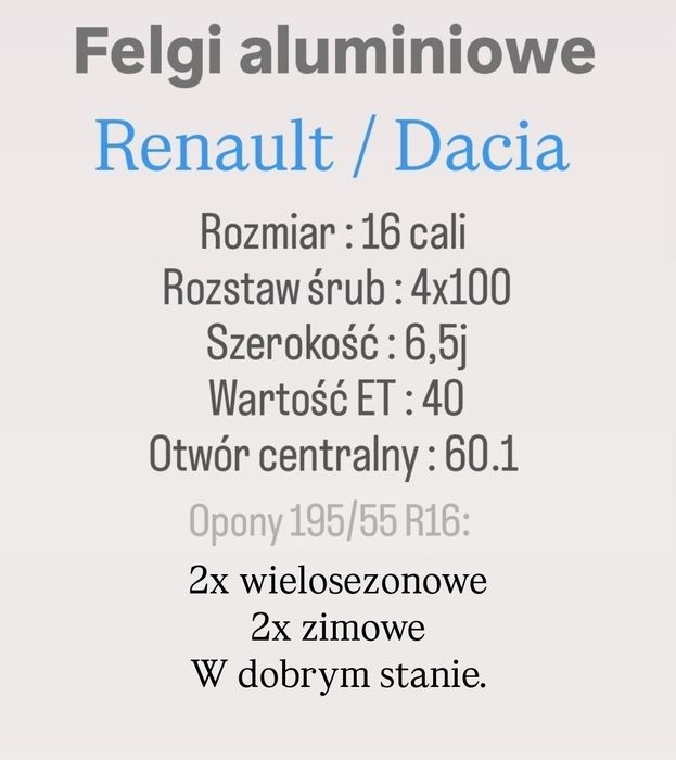 Koła 16 4x100 Renault Dacia aluminiowe koła Alufelgi Clio Sandero itp