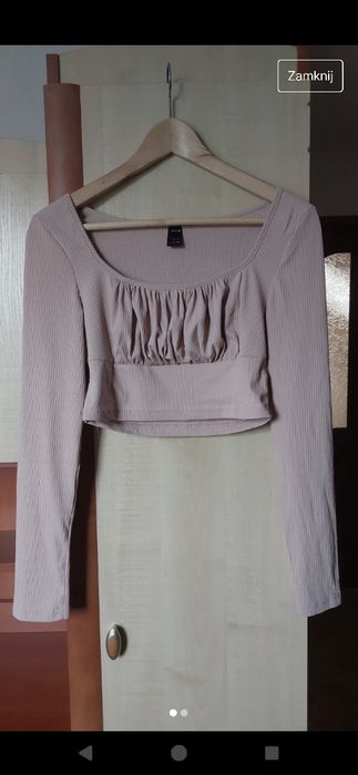 Bluzka crop top długi rękaw marszczony dekolt prążki prążkowany