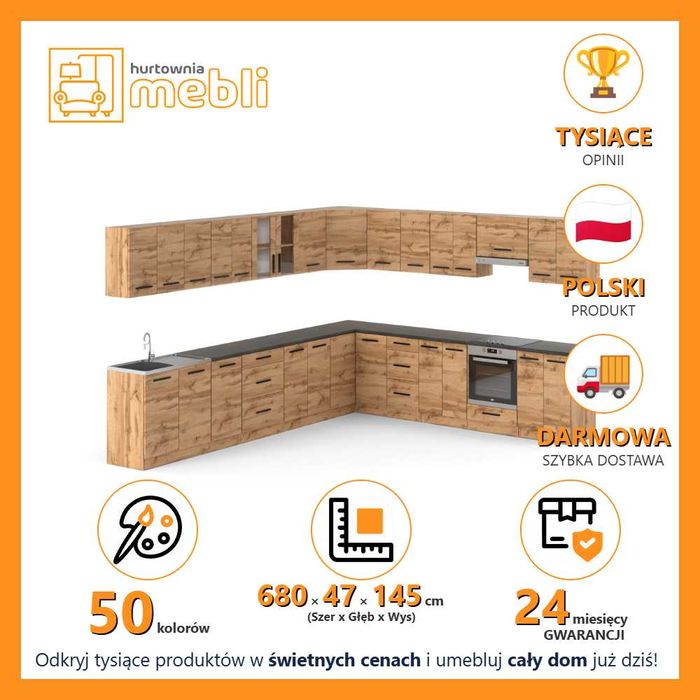 Kuchnia Duża Modułowa Rossa 6.8m Nowoczesny Zestaw Z Blatem Pojemny