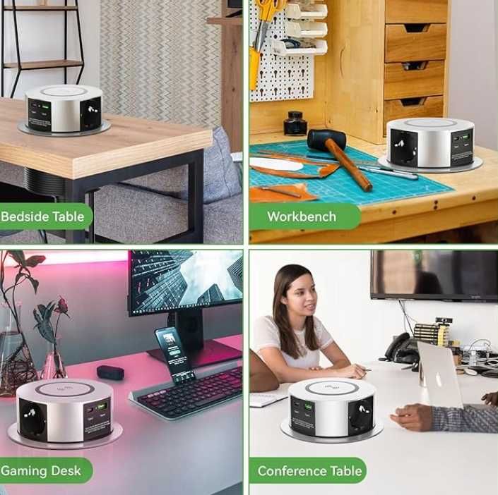 Wysuwane Gniazdko USB C PD20W 3x z Ładowarką Bezprzewod 10W do Biurka