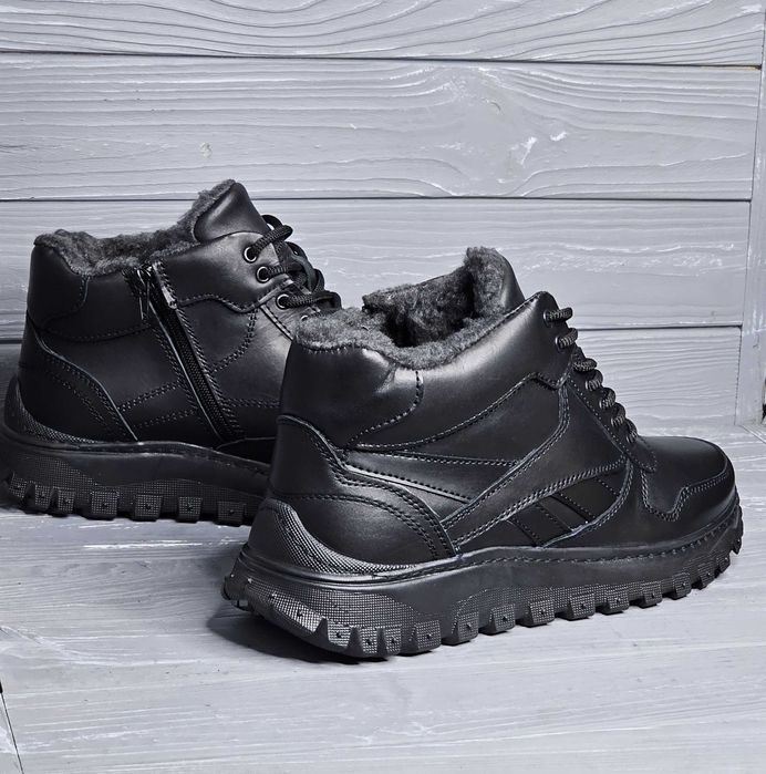 Кожаные мужские зимние широкие черные прошитые ботинки шнурок змейка