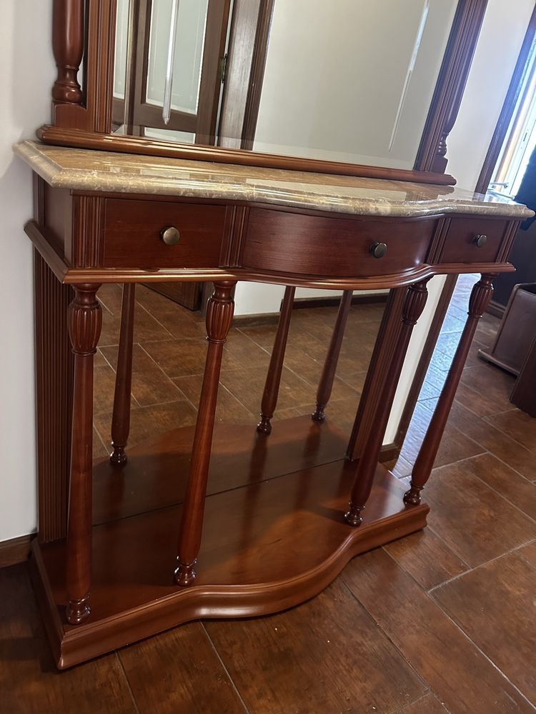 Consola com Espelho – Madeira Maciça e Pedra Mármore