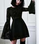 Czarna Sukienka Koronka Mega Szerokie Rękawy Elegancka Gotycka Gothic