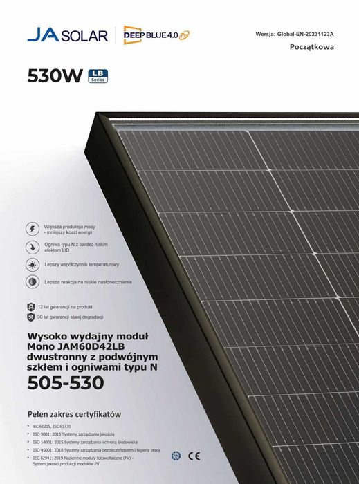 Panel fotowoltaiczny 530W JA SOLAR JAM60D42-530/LB bifacjal DOSTEPNY