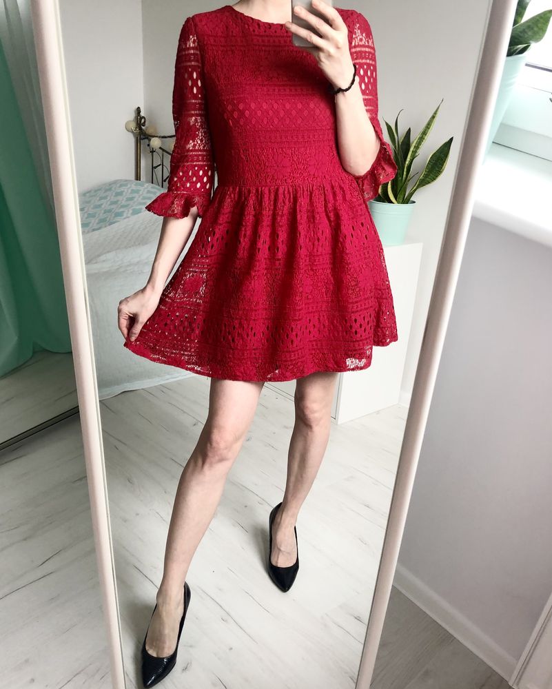 Piękna sukienka F&F s/m 36/38 seksowna koronkowa burgundowa czerwień