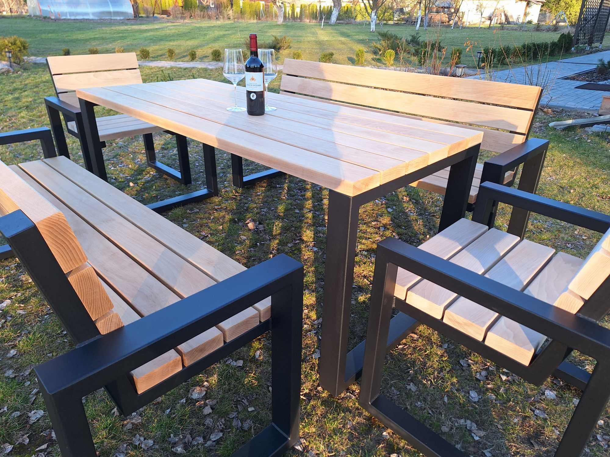 Ławka Ogrodowa Loft metalowe nogi 3osbowa zestaw 8 Osób Extra Jakość