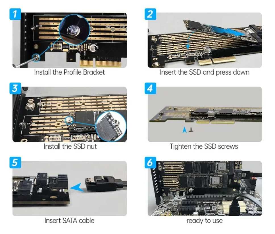 Переходник JEYI M.2 NVME to PCIe 4.0 X4 и NVMe/NGFF (M.2 SATA) 64Gbps