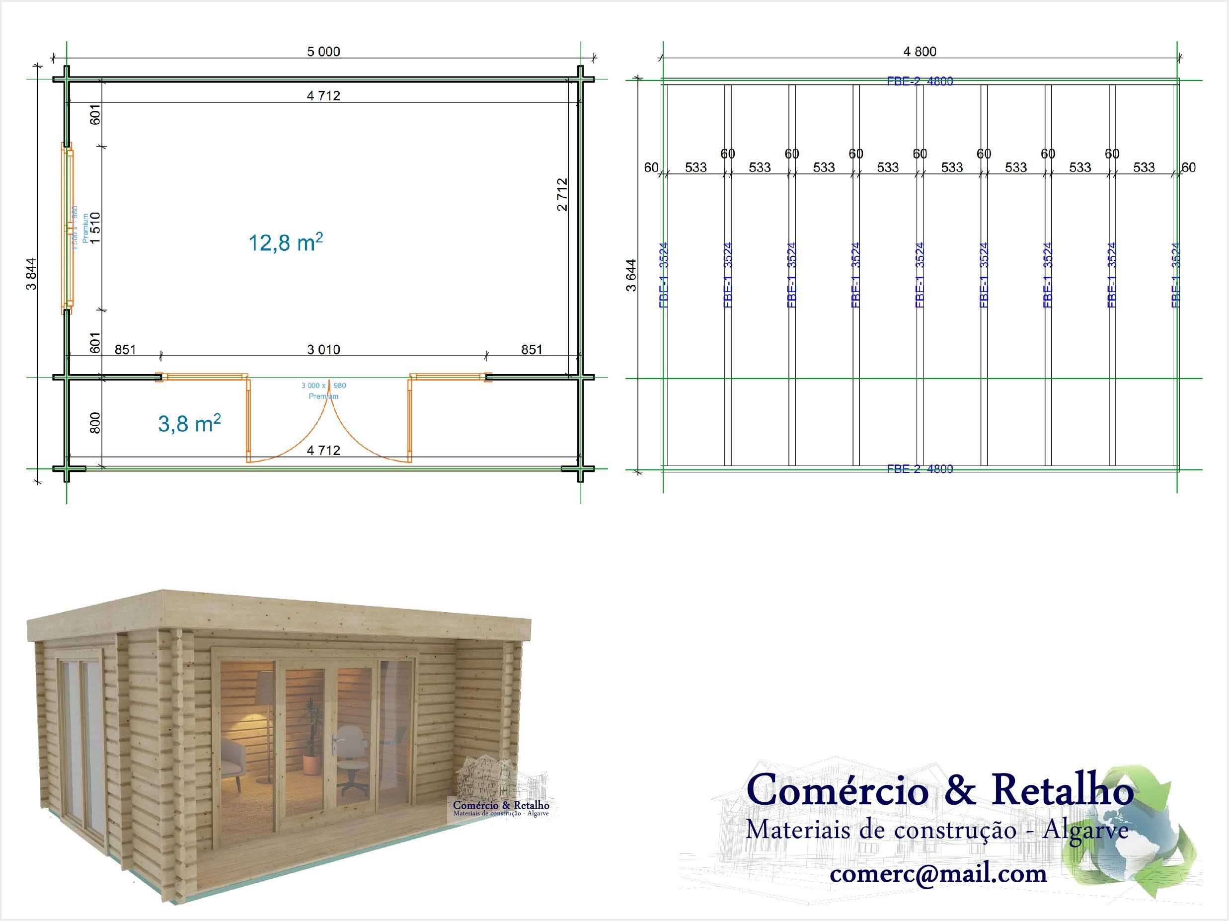 KIT casa de madeira Relax 5x3.8m 44mm c. piso e deck área coberta 22m²