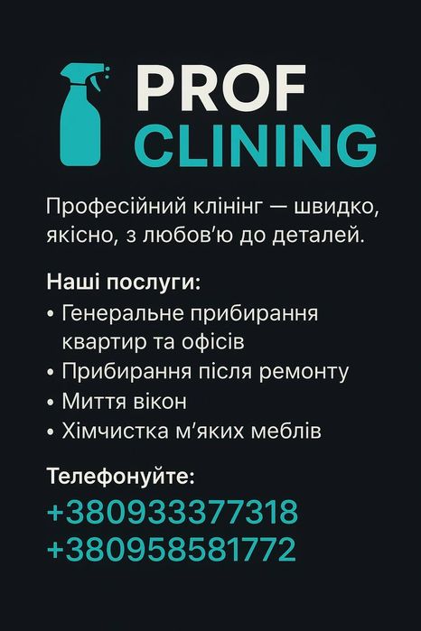 Клининг Химчистка м'яких меблів Генеральне прибирання Уборка приміщень