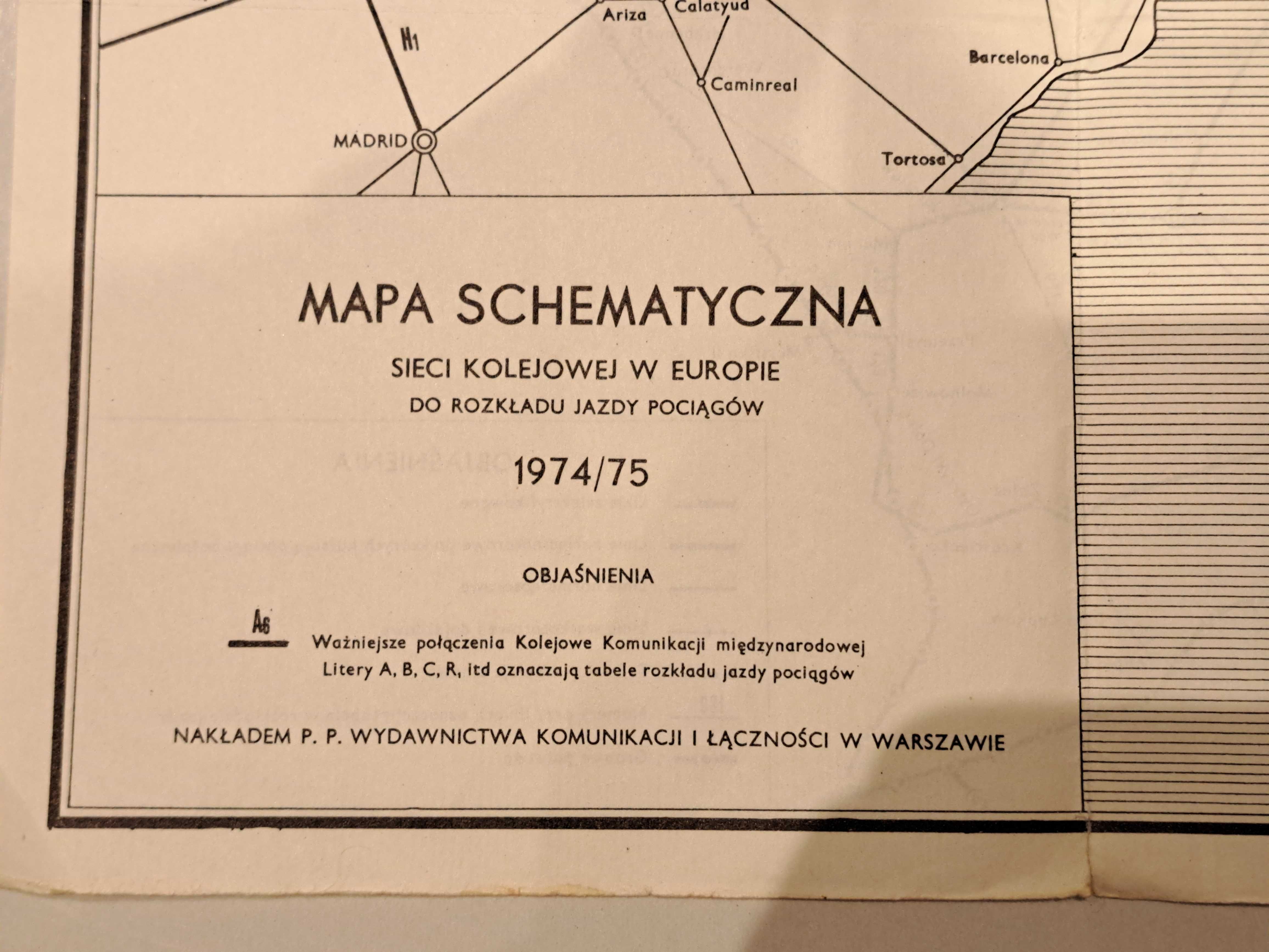 PRL 1974/75 Mapa PKP Mapa schematyczna sieci kolejowej Europa i Polska