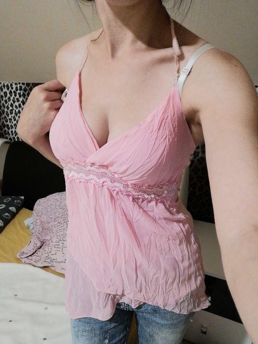Zwiewna różowa bluzka wiązana na szyję cekiny S M asymetryczna