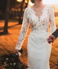 Koronkowa suknia ślubna ivory Chantal długi rękaw rybka syrenka z tren
