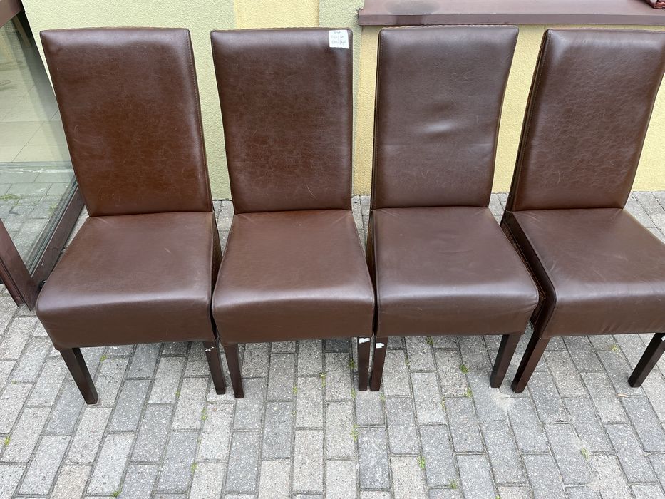 Komplet 4 krzeseł krzesła skórzane ratanowe ciemne wygodne FV DOWÓZ