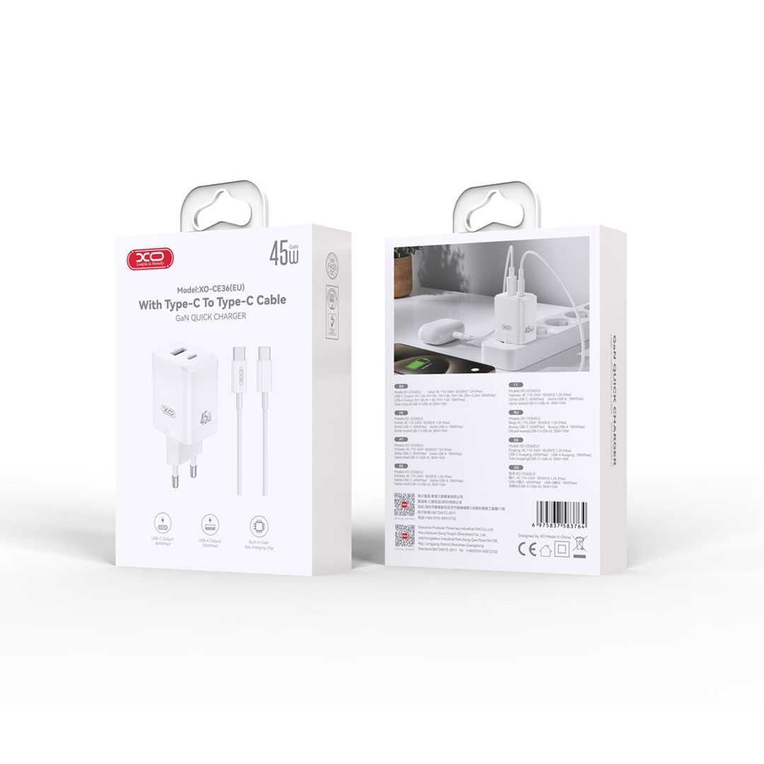 Ładowarka Sieciowa XO 45W! PD USB-C+Kabel USB-C Mocny Zestaw