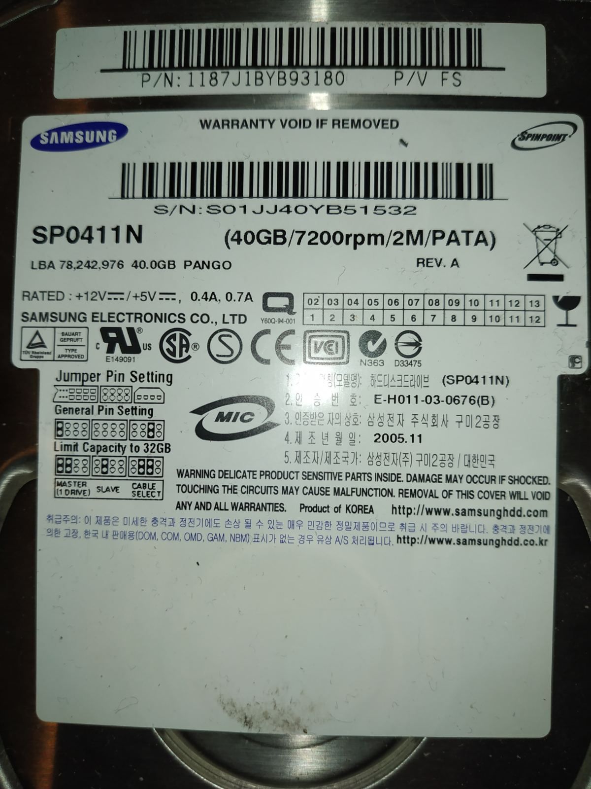 Жёсткий диск Samsung SP0411N 40gb