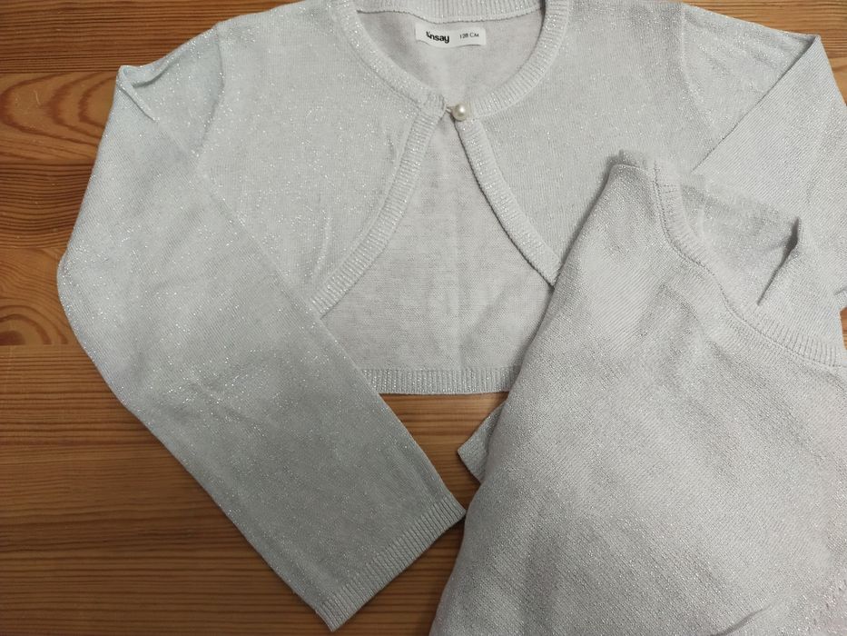 Dwa śliczne bolerka Sinsay 128 brokatowe srebrne