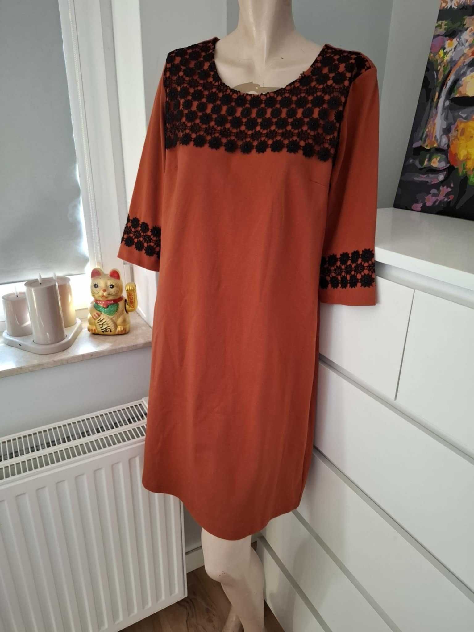 XXL 44 karmelowa brązowa czarna sukienka koronkowa letnia na lato boho