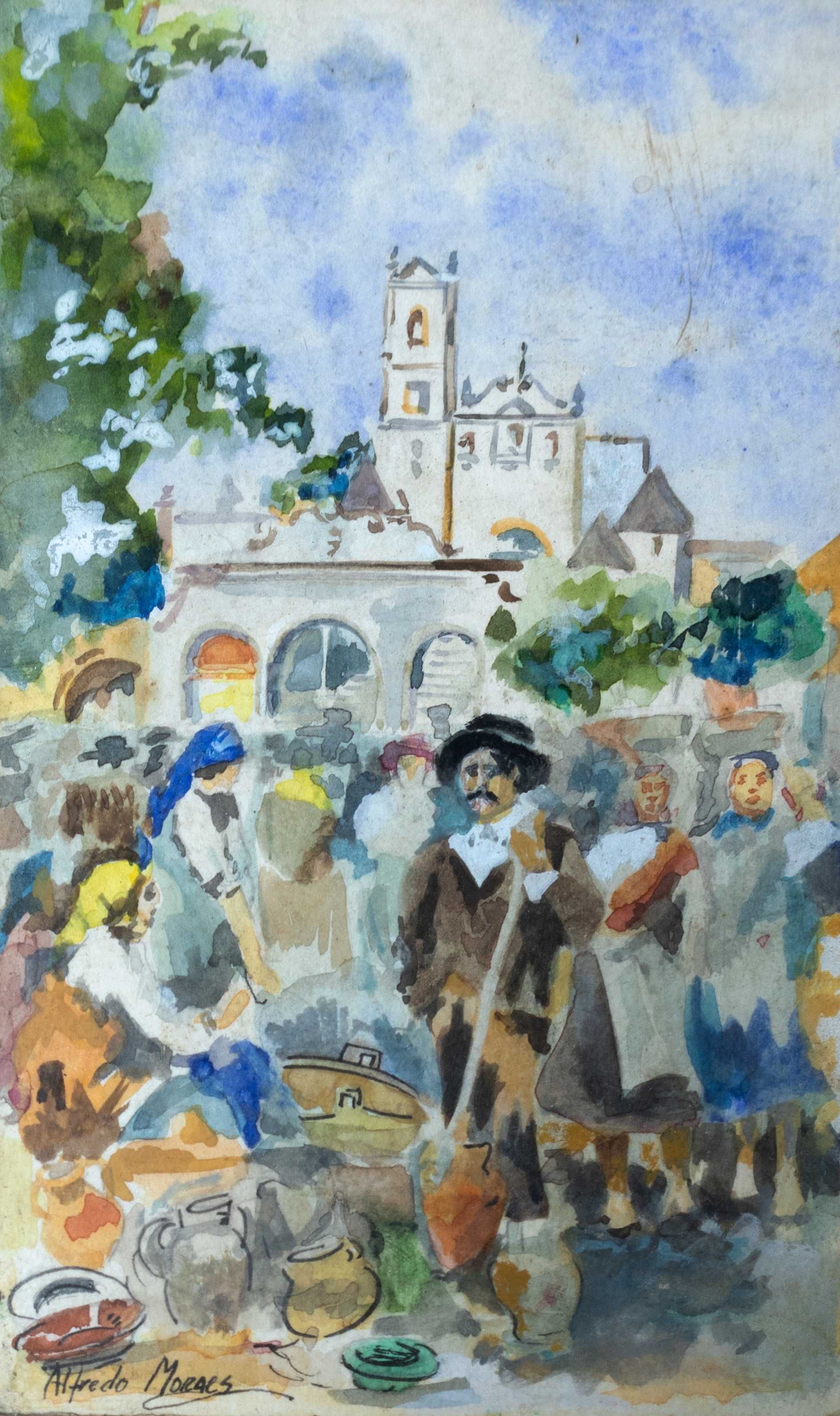 Pintura aguarela romaria igreja | Alfredo Morais