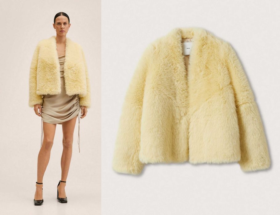 MANGO MNG futro żółte struś NOWE płaszcz futerko zimowe M/38