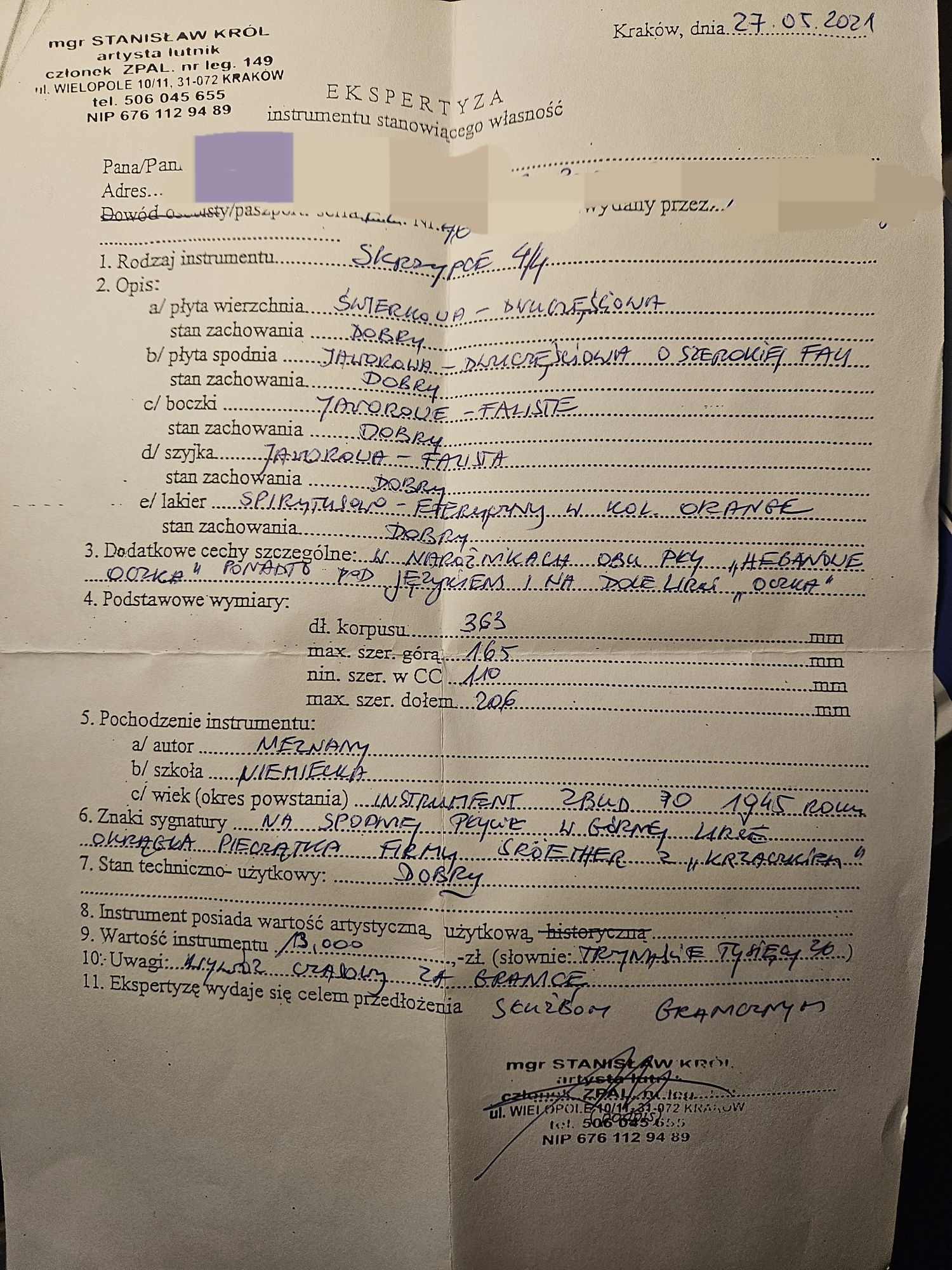Wyjątkowe Skrzypce z dusza z 1945r.