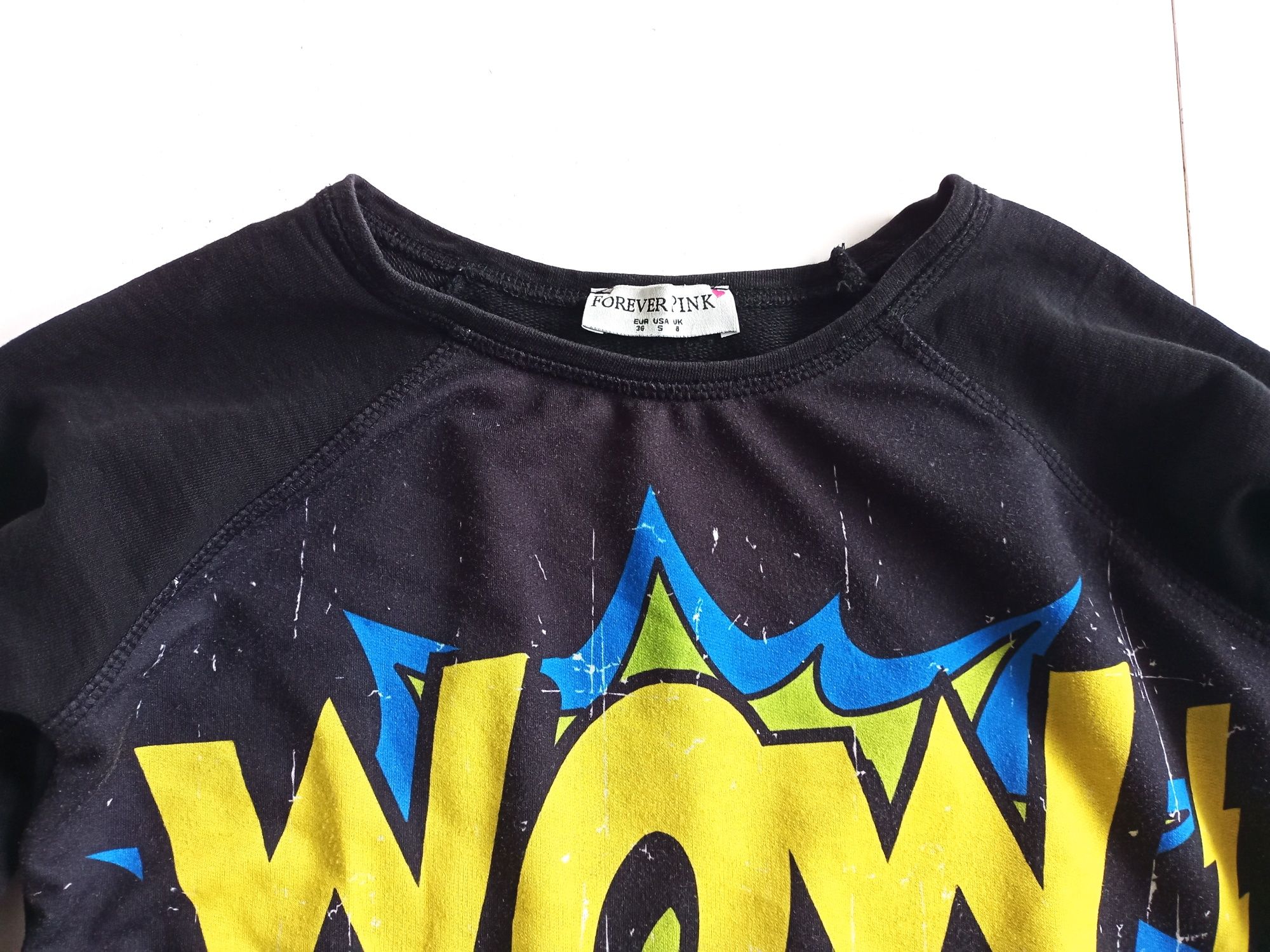 BEZ WAD Bluza dresowa z napisem WOW! S/36 czarna #1377