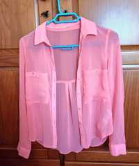 Camisa rosa forte com transparência Bershka, tamanho XS