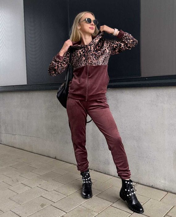 Dresy damskie welurowe w panterkę spodnie + bluza brązowe r.S wys.24h