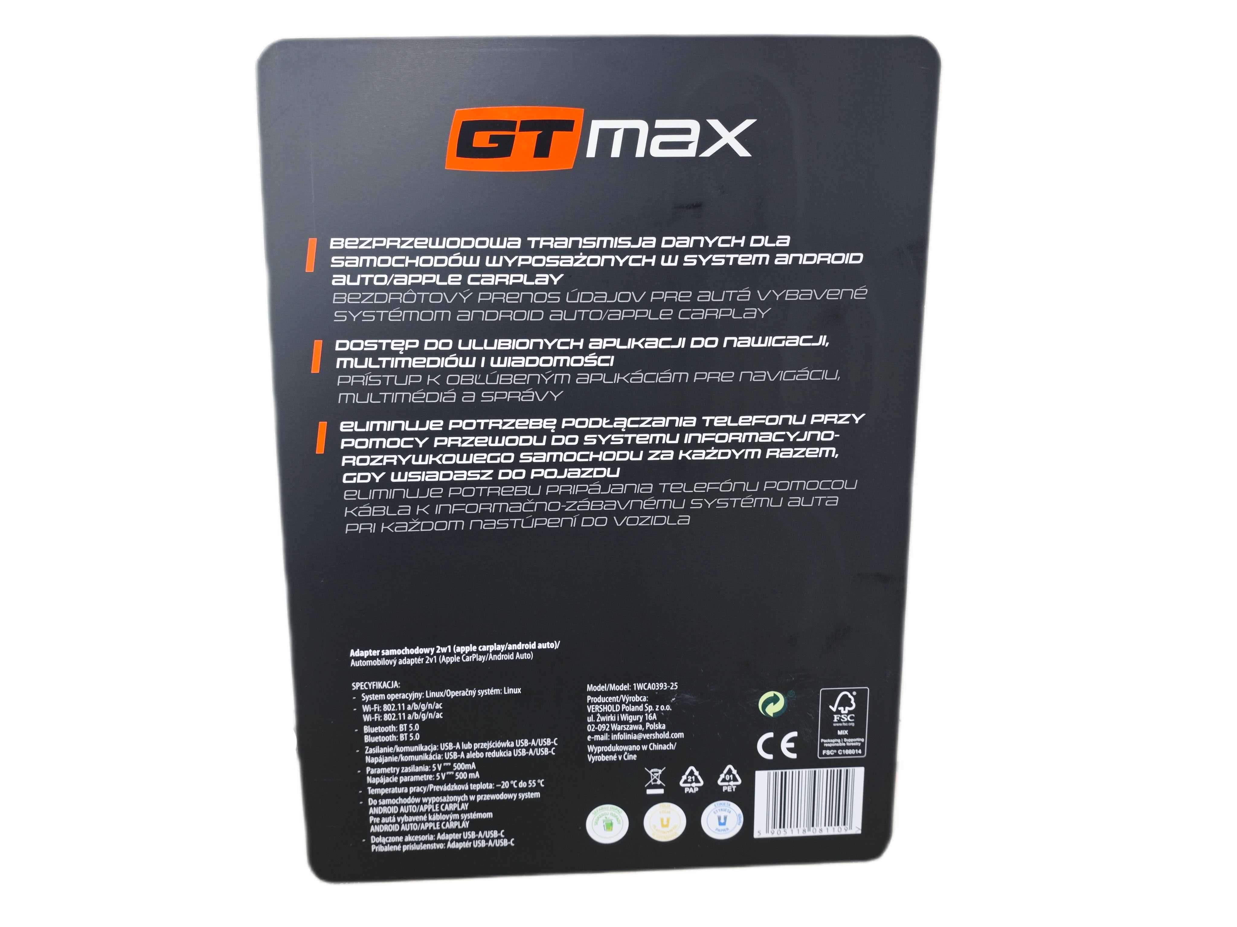 Bezprzewodowy adapter CarPlay Android Auto bluetooth GT Max 2w1