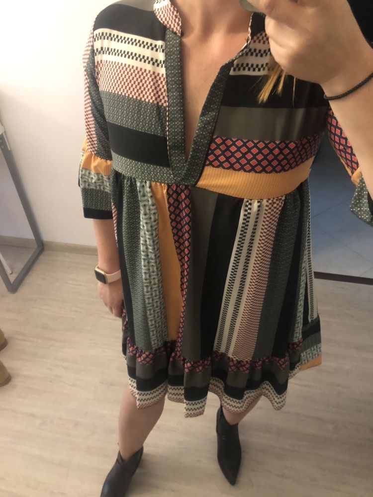 NOWA sukienka boho rozkloszowana dekolt serek falbanki jesień
