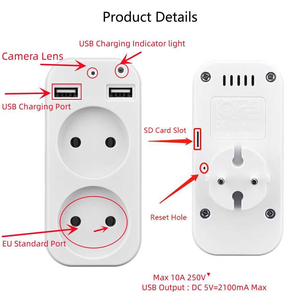 Camera oculta em extensão electrica c/ tomada USB discreta TDJJ892FIN4