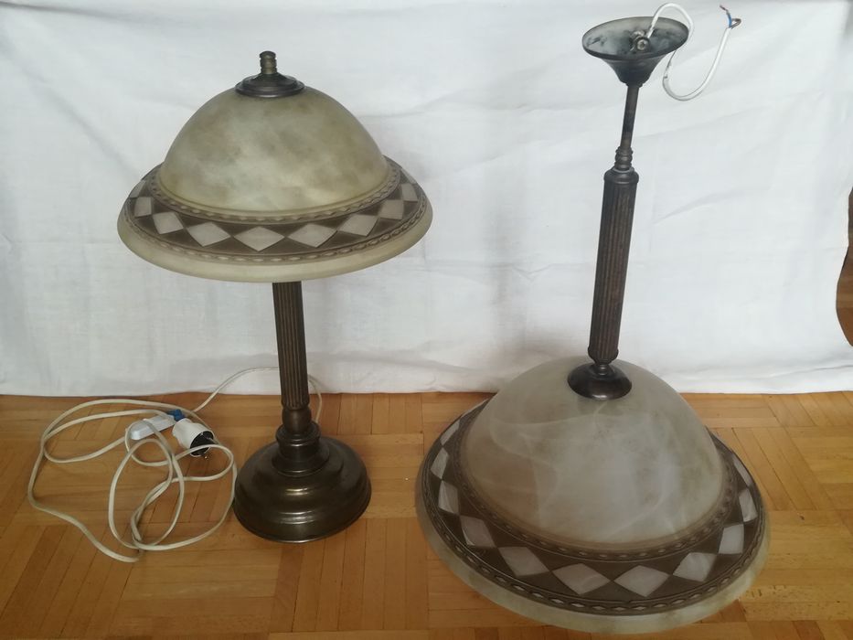 Lampka nocna i żyrandol mosiądz i szklo