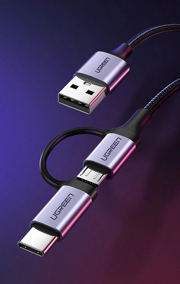 Ugreen kabel przewód 2w1 USB - micro USB / USB Typ C 1m 2,4A czarny (3