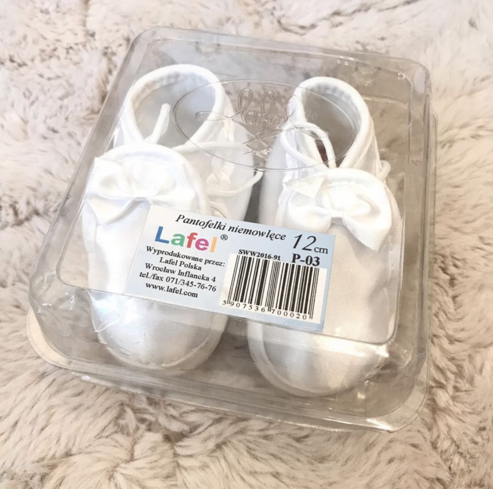 Buciki niemowlęce pantofelki białe chrzest kokardka Lafel NOWE 12 cm