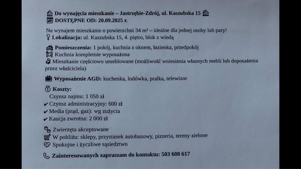 Mieszka do wynajecia ul.Kaszubska