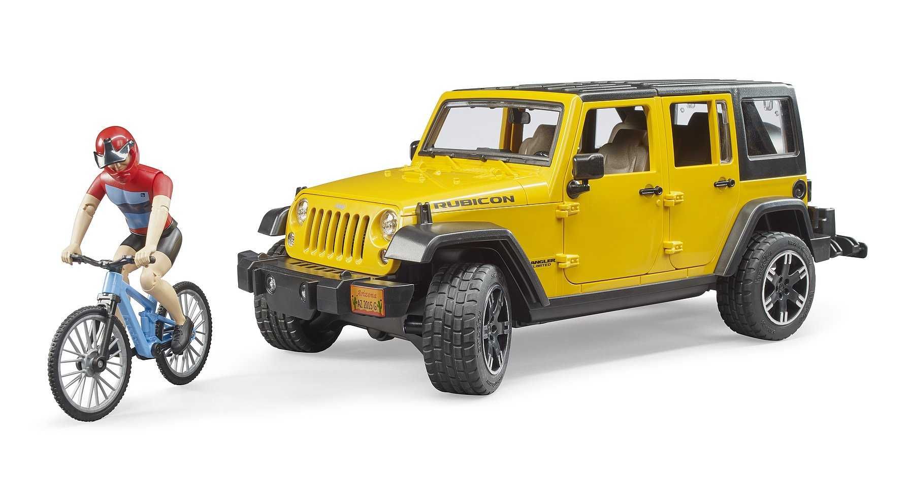 Bruder 02543 Jeep Wrangler Rubicon z rowerem górskim i rowerzystą