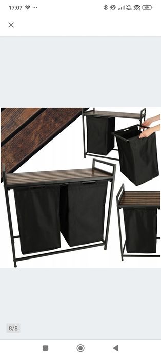 Kosz na bieliznę metalowy, loft z drewnianą półką