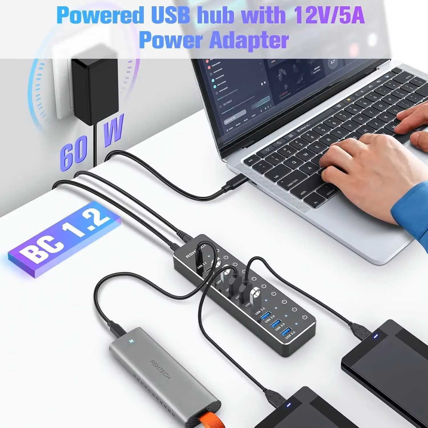 RSHTECH Koncentrator hub USB 3.2/USB-C 10-portowy 60W 10Gb/s