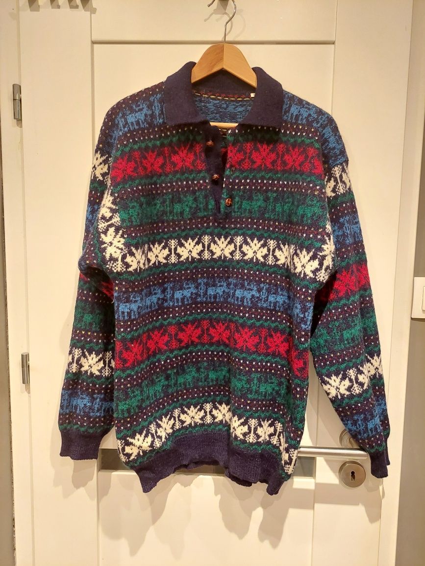 Sweter 100% wełna rozm. L & oversize wzór norweski