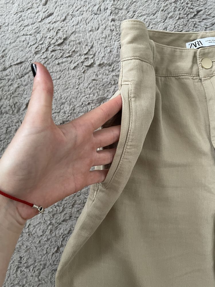 Бежеві пісочні бавовняні вкорочені широкі штани брюки кюлоти zara зара