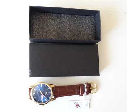 Zegarek kwarcowy złoty klasyczny 39mm datownik niebieska tarcza luma