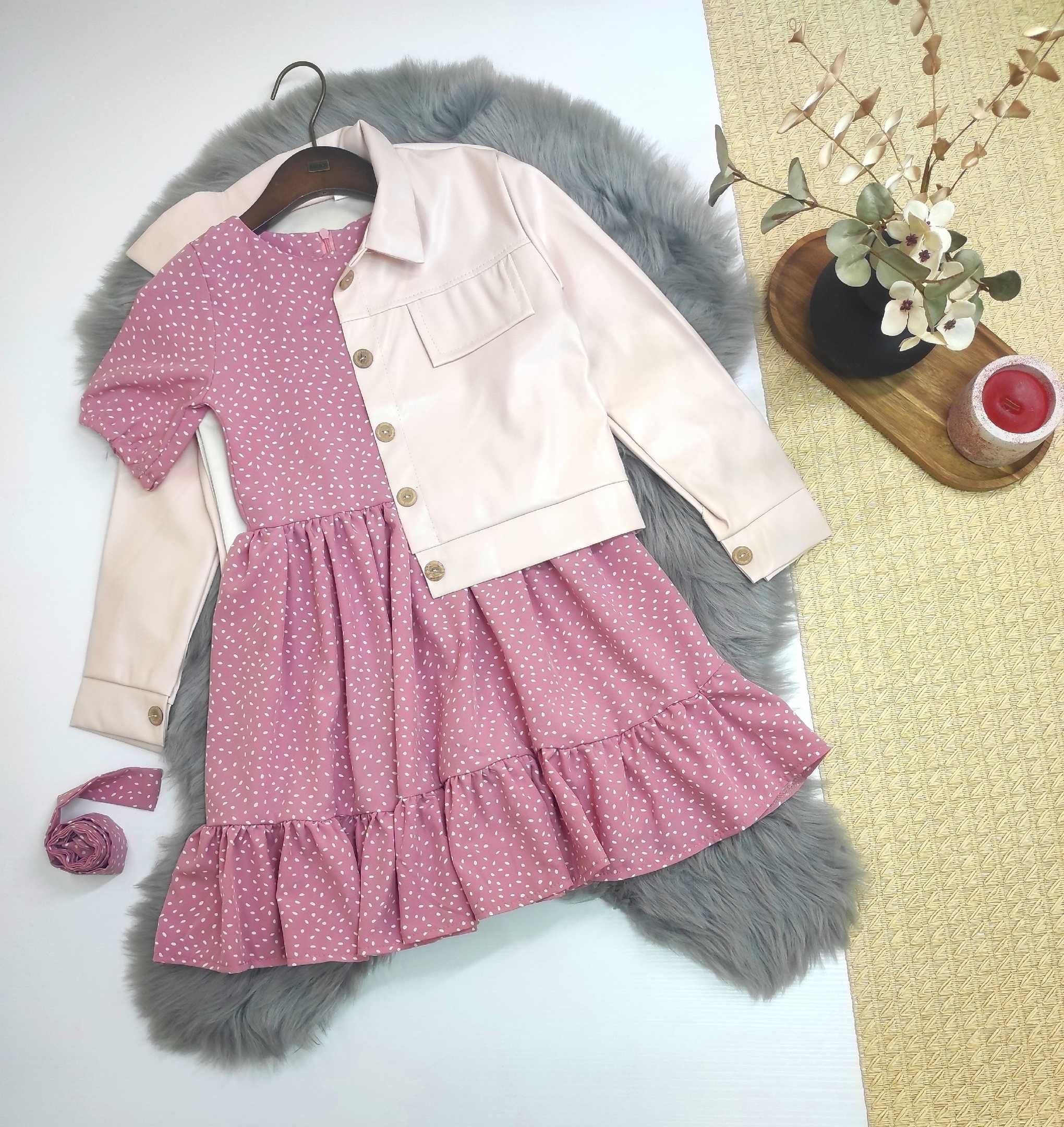 Модний комплект для дівчинки, сукня софт, піджак з екошкіри р134-158